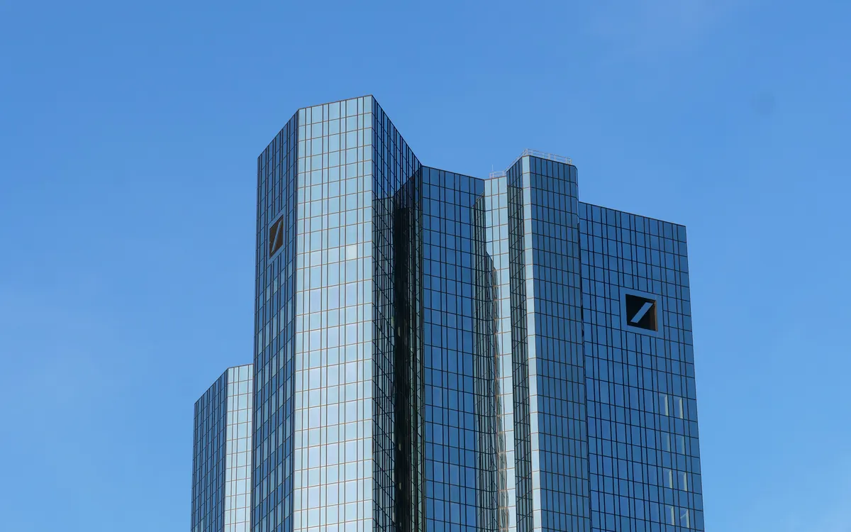 Deutsche Bank twin towers in Frankfurt am Main against a blue sky