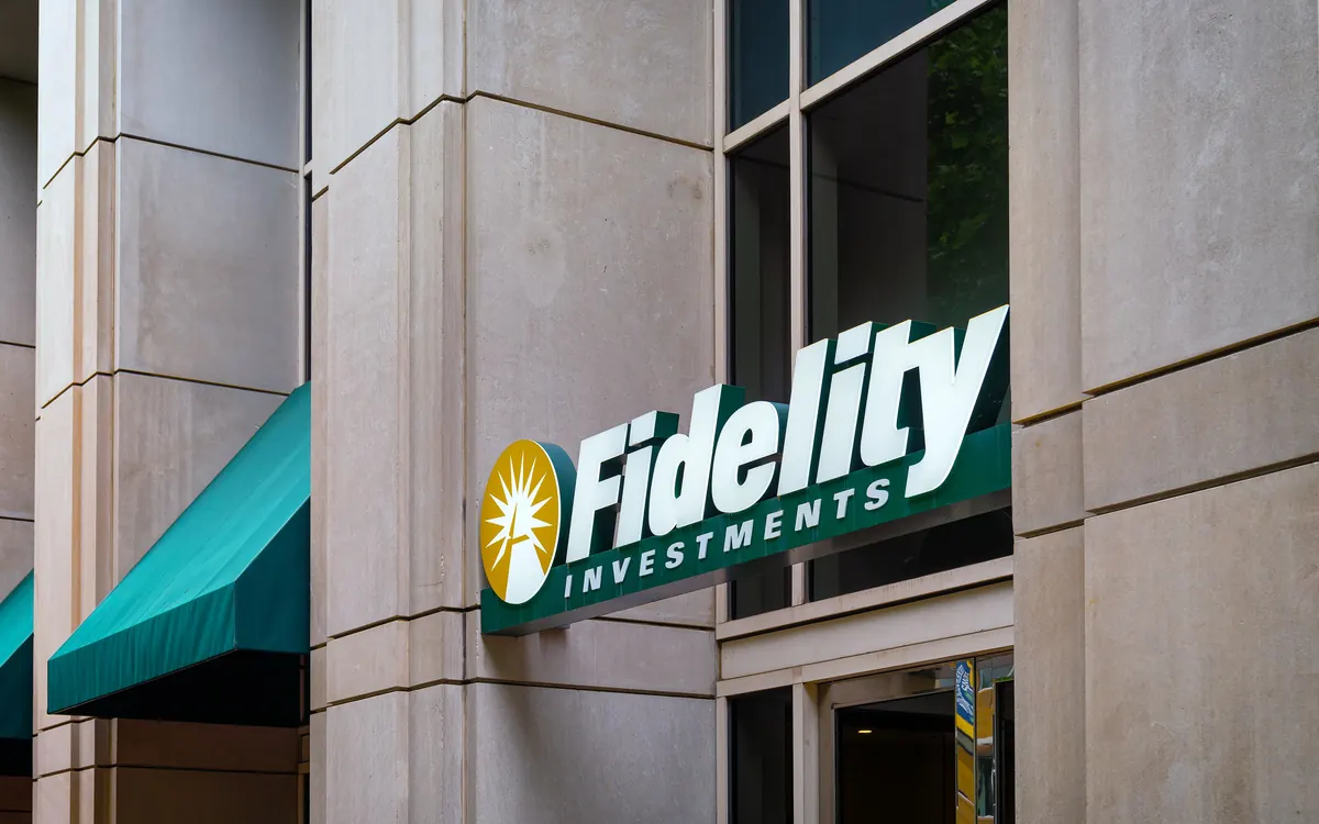 Green Fidelity Investments sign on the facade of a Fidelity office in Bethesda, Maryland
