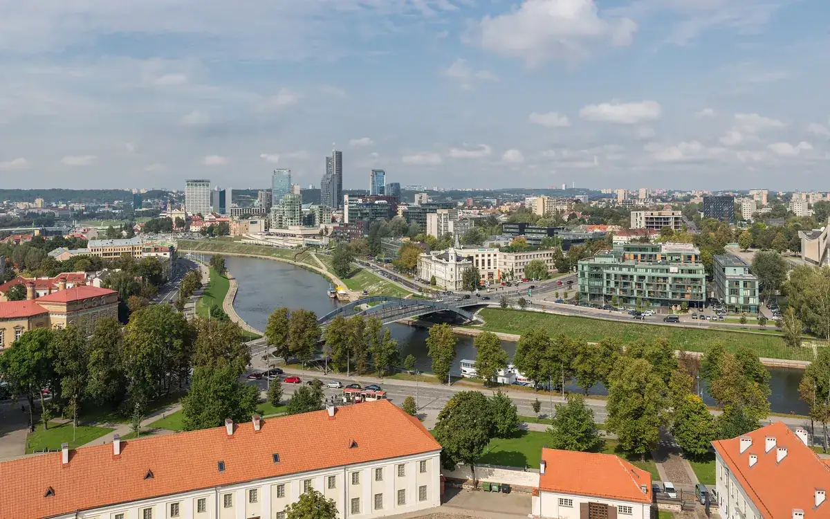 The modern business district of Vilnius, Lithuania, on the Neris river