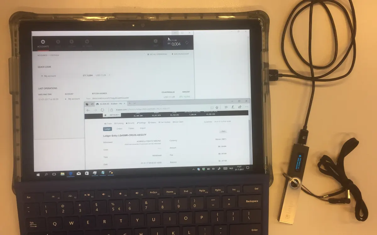 A Ledger hardware wallet confirming a bitcoin transaction (illustrative photo)