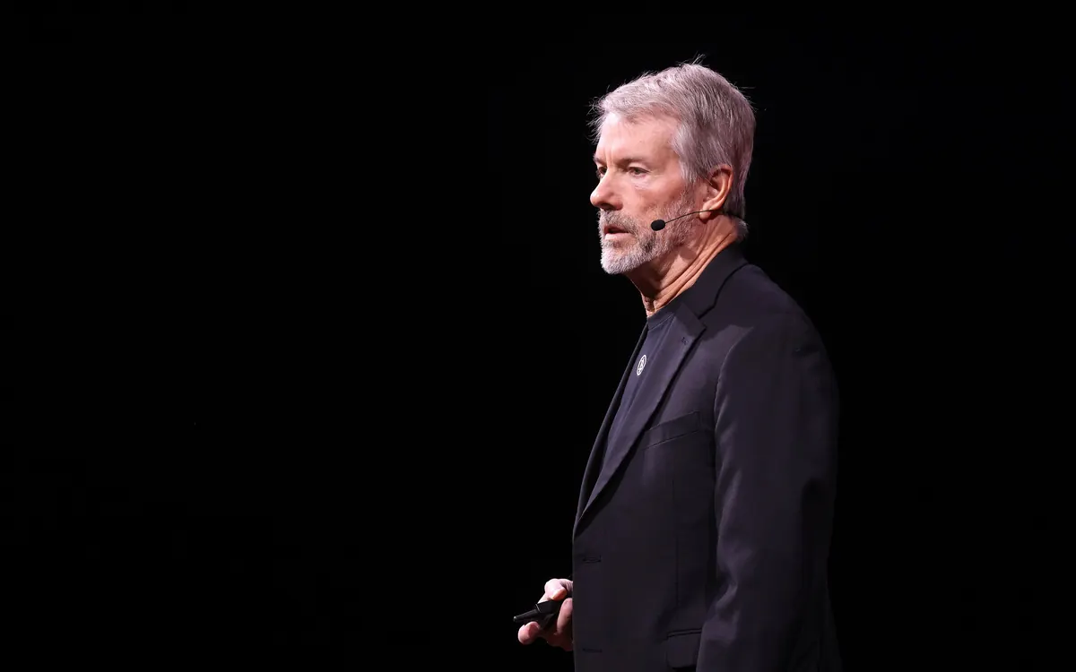 Strategy executive chairman Michael Saylor speaking on stage