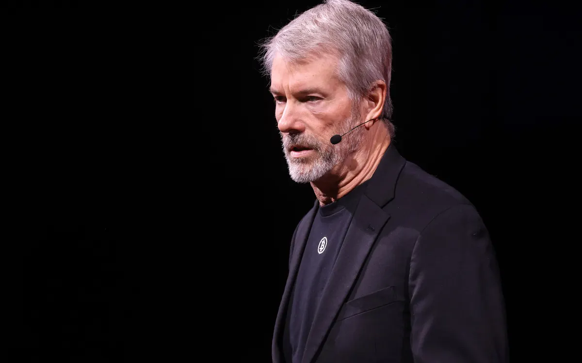 Strategy executive chairman Michael Saylor speaking on stage