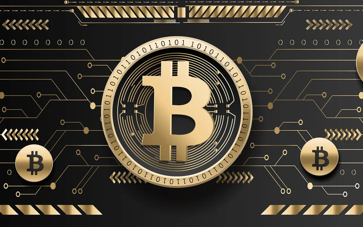 A golden bitcoin coin on a printed circuit design (illustrative image)