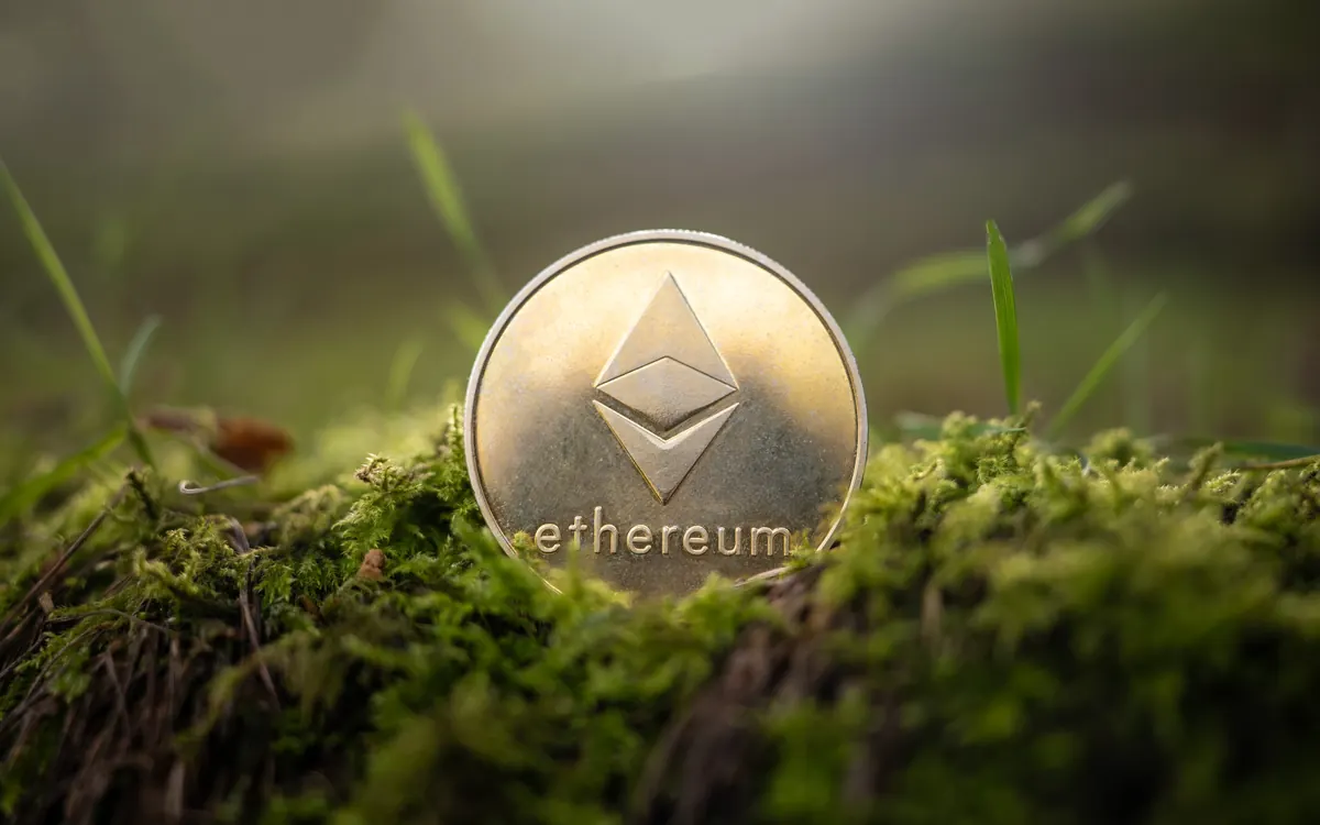 A physical Ethereum coin on moss (illustrative photo)