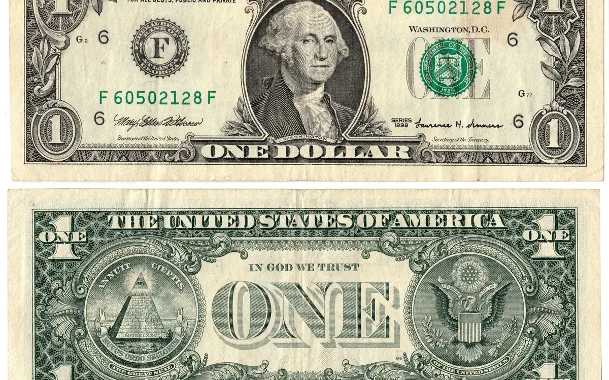 U.S. one-dollar banknotes, front and back