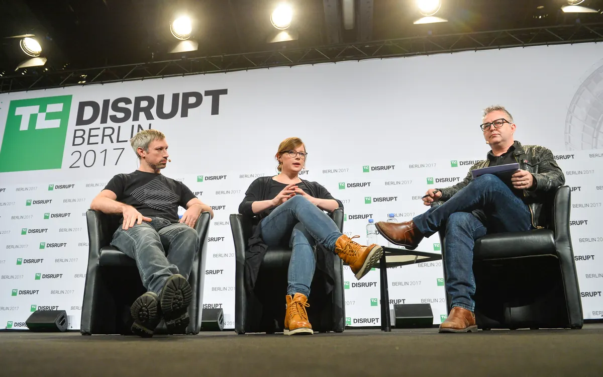 Polkadot founder Gavin Wood (left) in a panel discussion on stage at TechCrunch Disrupt Berlin 2017