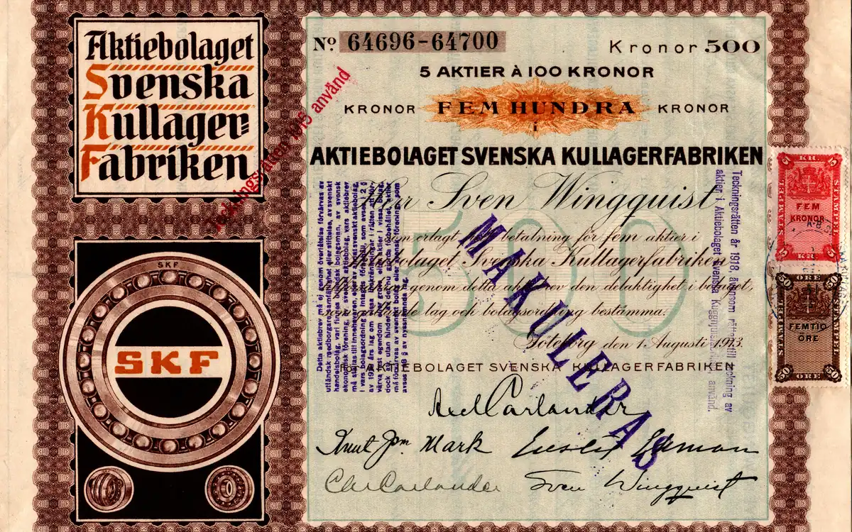 A 1913 paper share certificate of the Swedish bearing maker SKF, the kind of ownership record tokenization moves onto a blockchain
